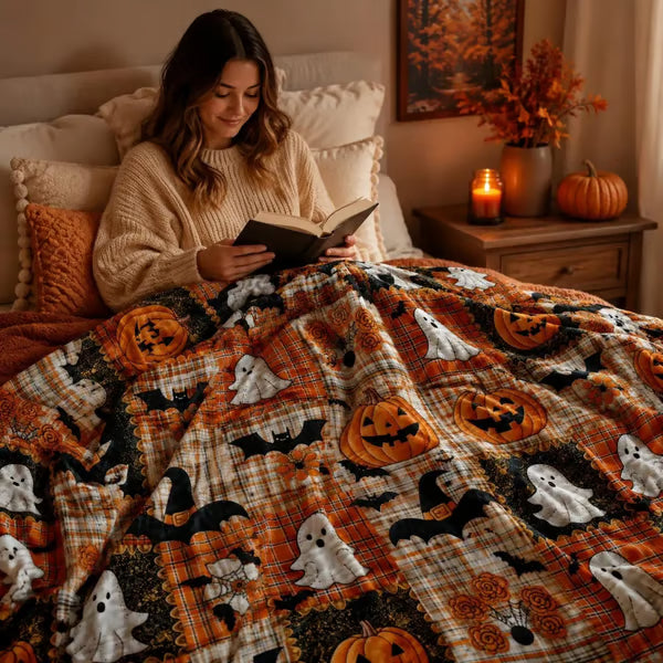 🎃🔥Halloween Pumpkin & Bat Flannel Throw Blanket, Soft Lightweight Cozy Blanket for Sofa & Bed