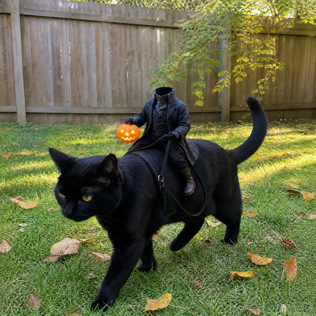 🎃 Headless Horseman Rider Cat Costume – Funny Halloween Pet Costume