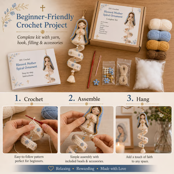 🔥 LAST DAY 50% OFF ✨ DIY Crochet Blessed Mother Spiral Hanging Ornament Kit 🙏🧶 Create a Handmade Keepsake of Faith