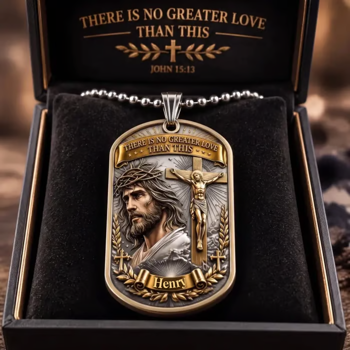 ✝️ Personalized "Greater Love" 3D Jesus Dog Tag Necklace – A Meaningful Symbol of Faith & Love ❤️