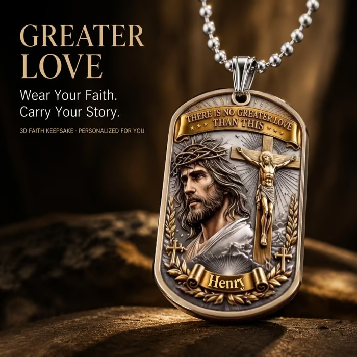 ✝️ Personalized "Greater Love" 3D Jesus Dog Tag Necklace – A Meaningful Symbol of Faith & Love ❤️