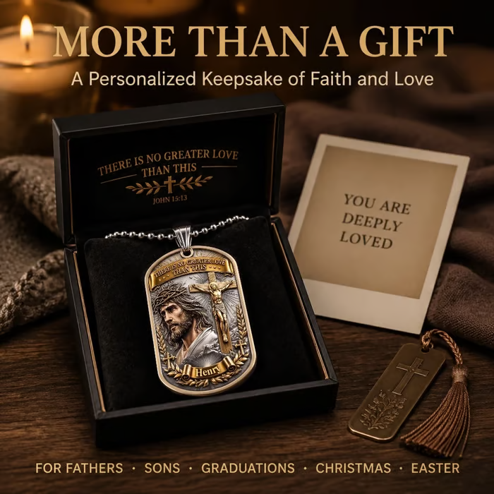 ✝️ Personalized "Greater Love" 3D Jesus Dog Tag Necklace – A Meaningful Symbol of Faith & Love ❤️