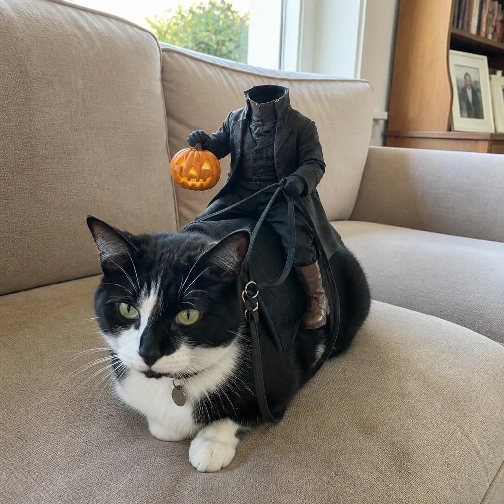 🎃 Headless Horseman Rider Cat Costume – Funny Halloween Pet Costume
