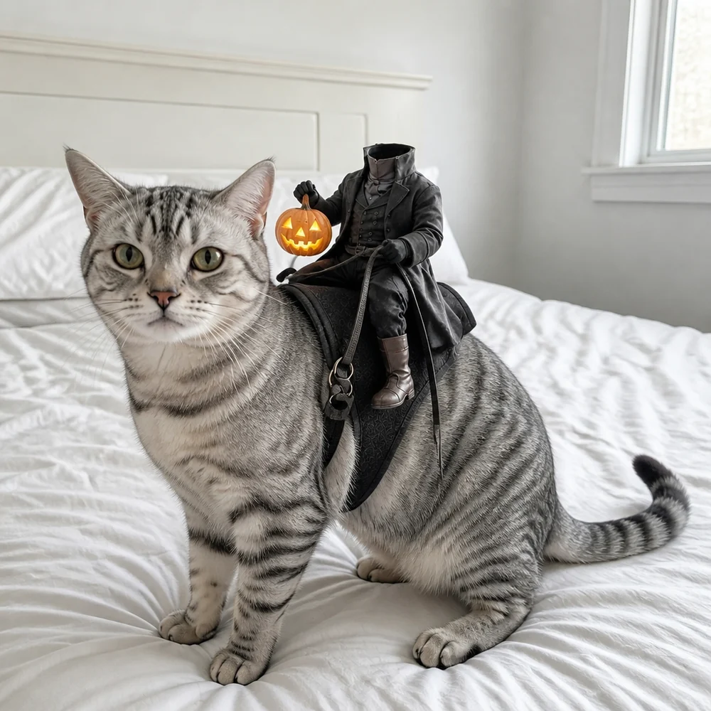 🎃 Headless Horseman Rider Cat Costume – Funny Halloween Pet Costume