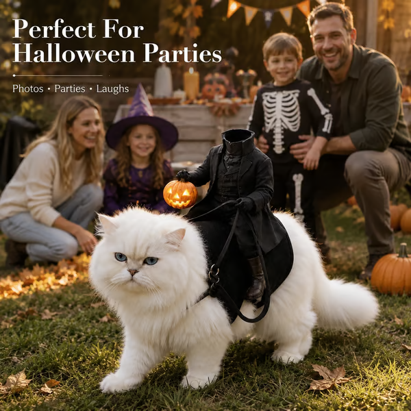 🎃 Headless Horseman Rider Cat Costume – Funny Halloween Pet Costume