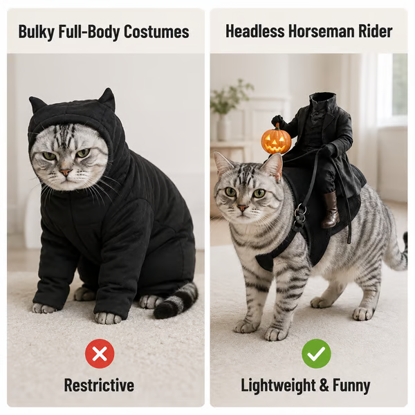 🎃 Headless Horseman Rider Cat Costume – Funny Halloween Pet Costume