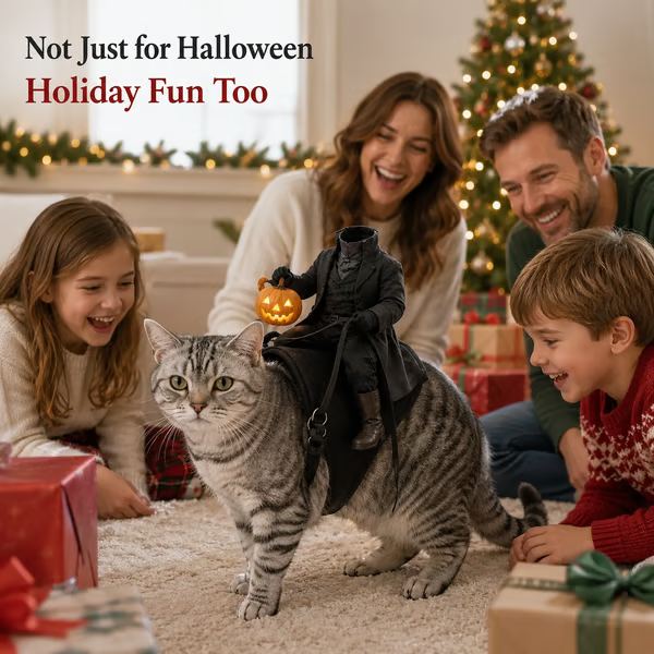 🎃 Headless Horseman Rider Cat Costume – Funny Halloween Pet Costume