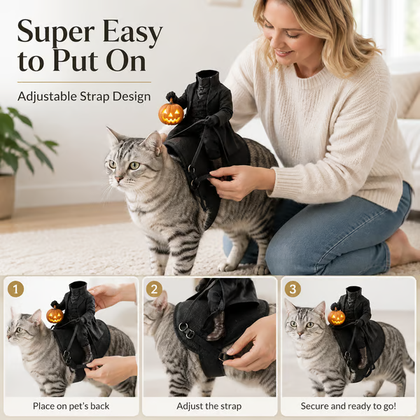 🎃 Headless Horseman Rider Cat Costume – Funny Halloween Pet Costume