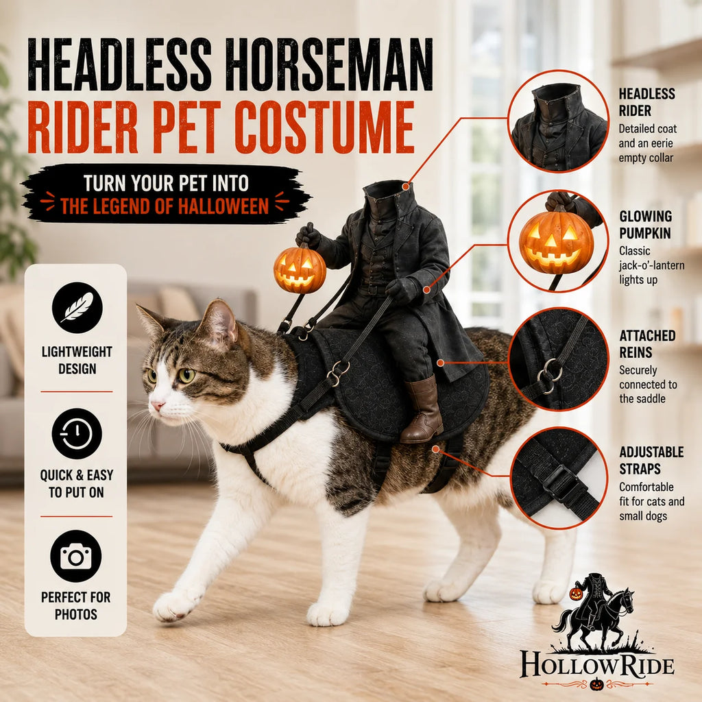🎃 Headless Horseman Rider Cat Costume – Funny Halloween Pet Costume