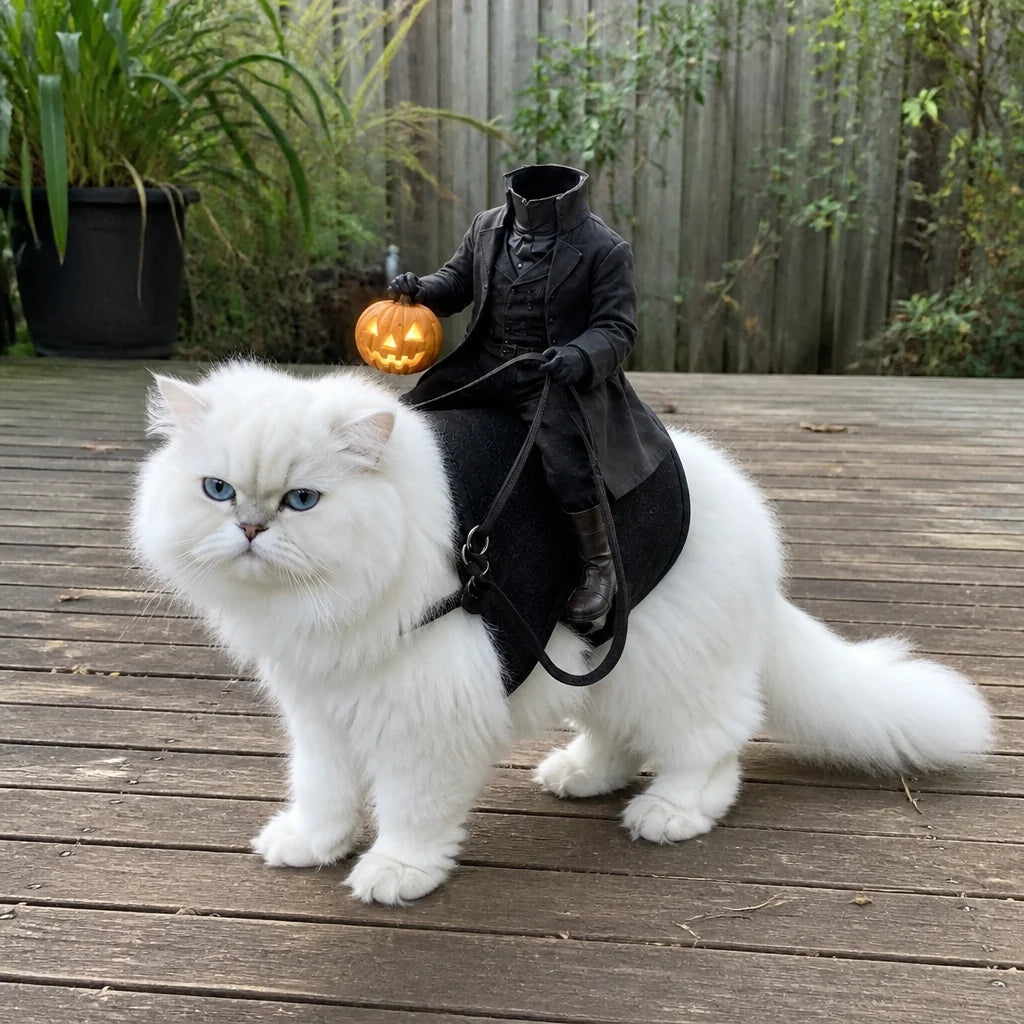 🎃 Headless Horseman Rider Cat Costume – Funny Halloween Pet Costume