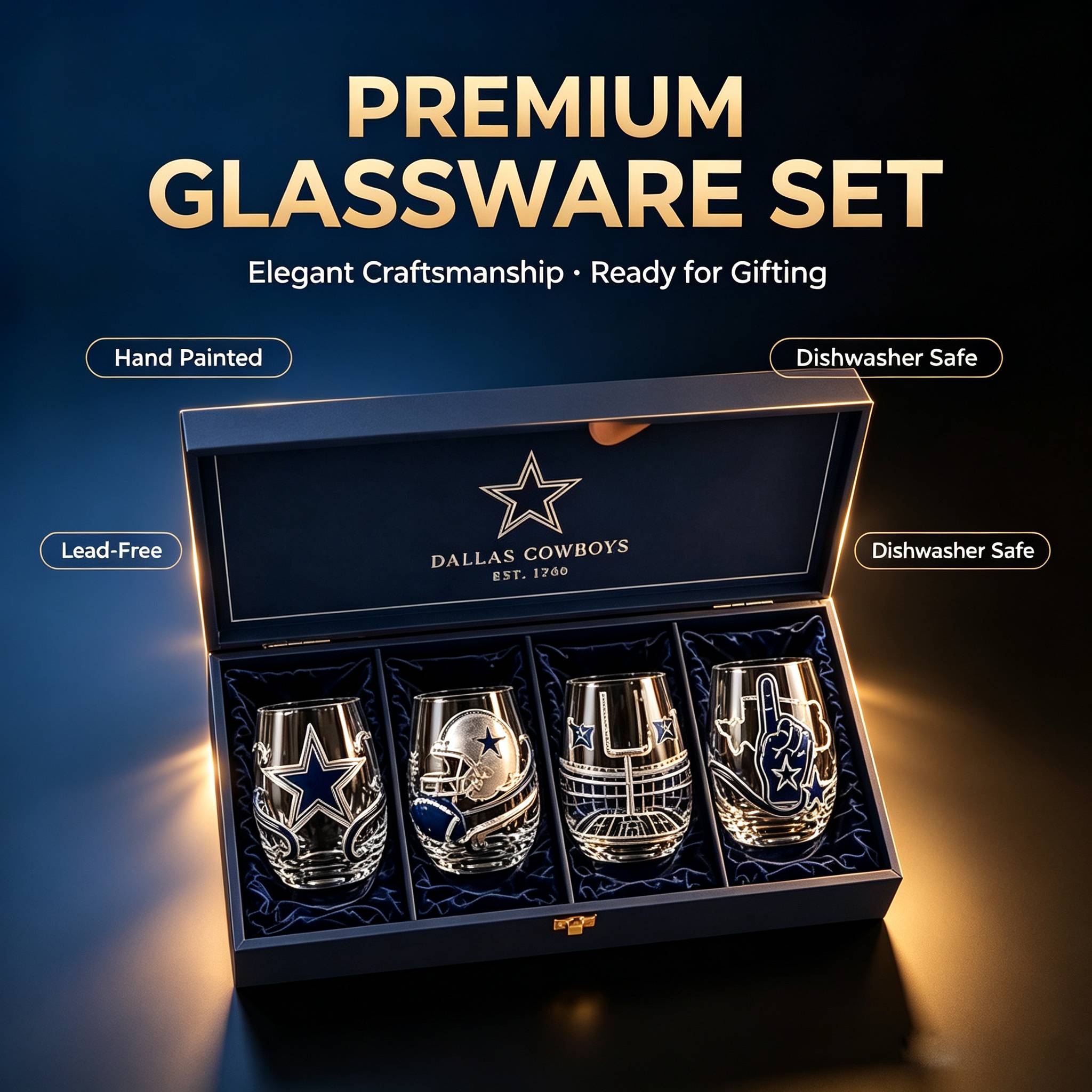 🏈 Dallas Cowboys 4-Piece Stemless Glass Set – Premium Fan Gift Box