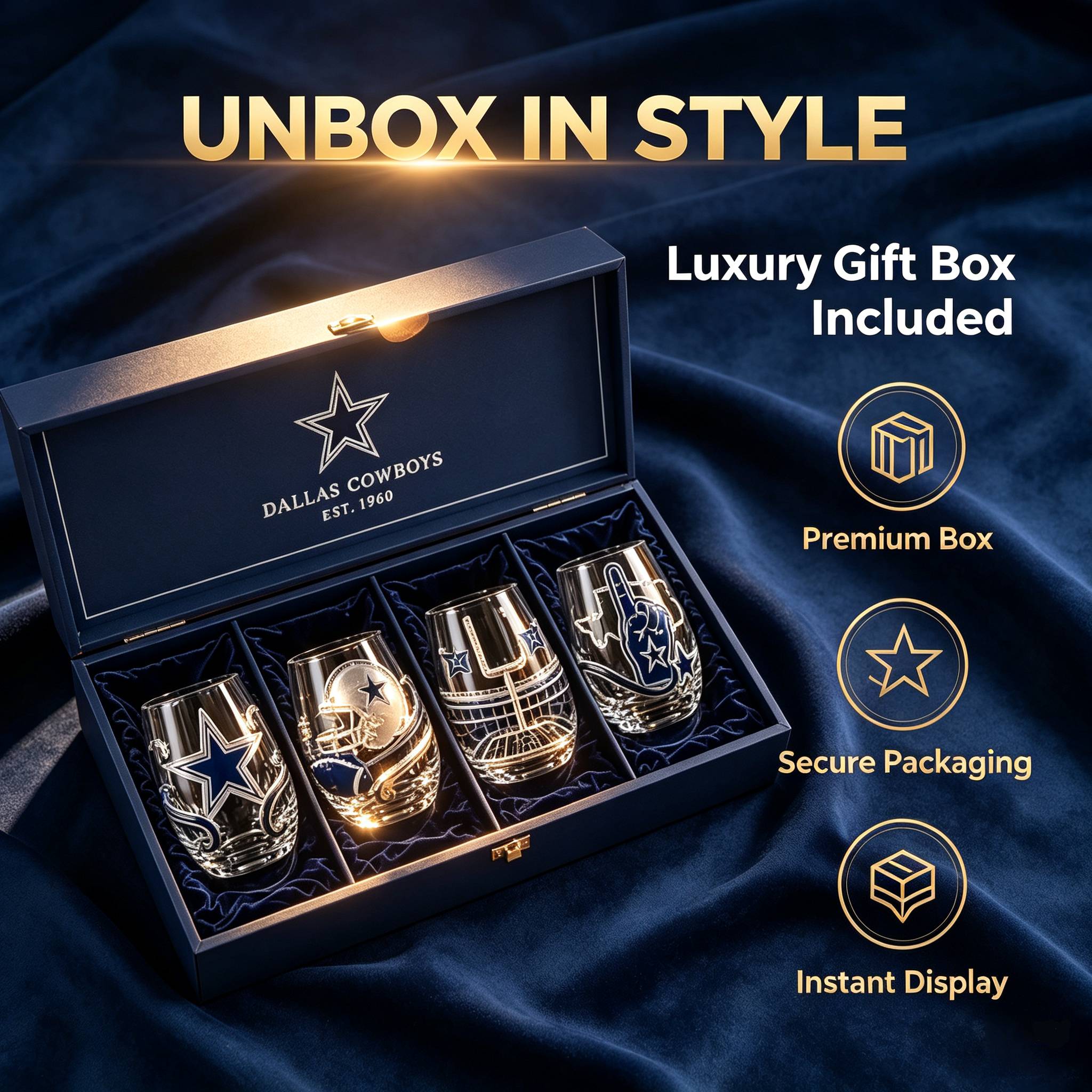 🏈 Dallas Cowboys 4-Piece Stemless Glass Set – Premium Fan Gift Box