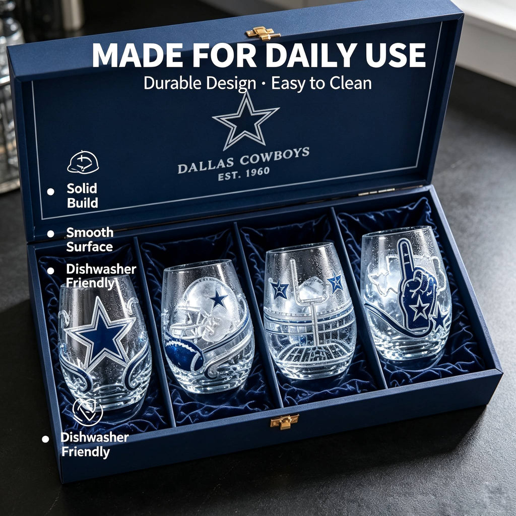 🏈 Dallas Cowboys 4-Piece Stemless Glass Set – Premium Fan Gift Box