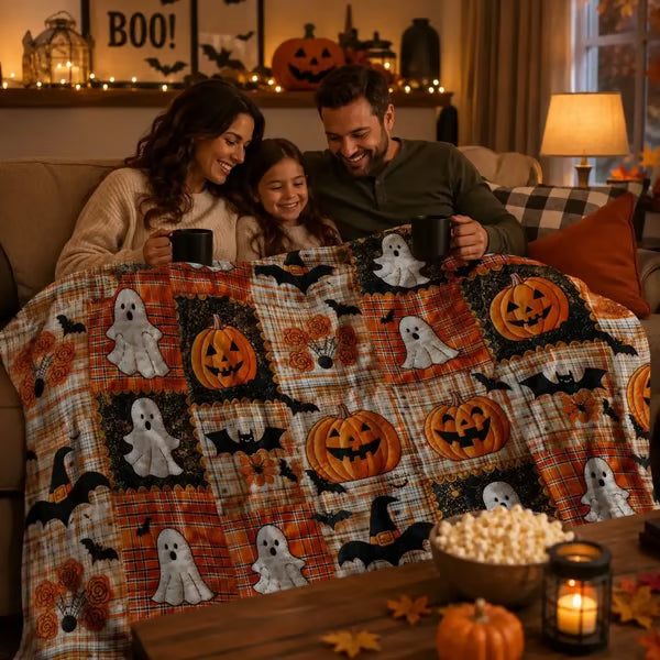 🎃🔥Halloween Pumpkin & Bat Flannel Throw Blanket, Soft Lightweight Cozy Blanket for Sofa & Bed
